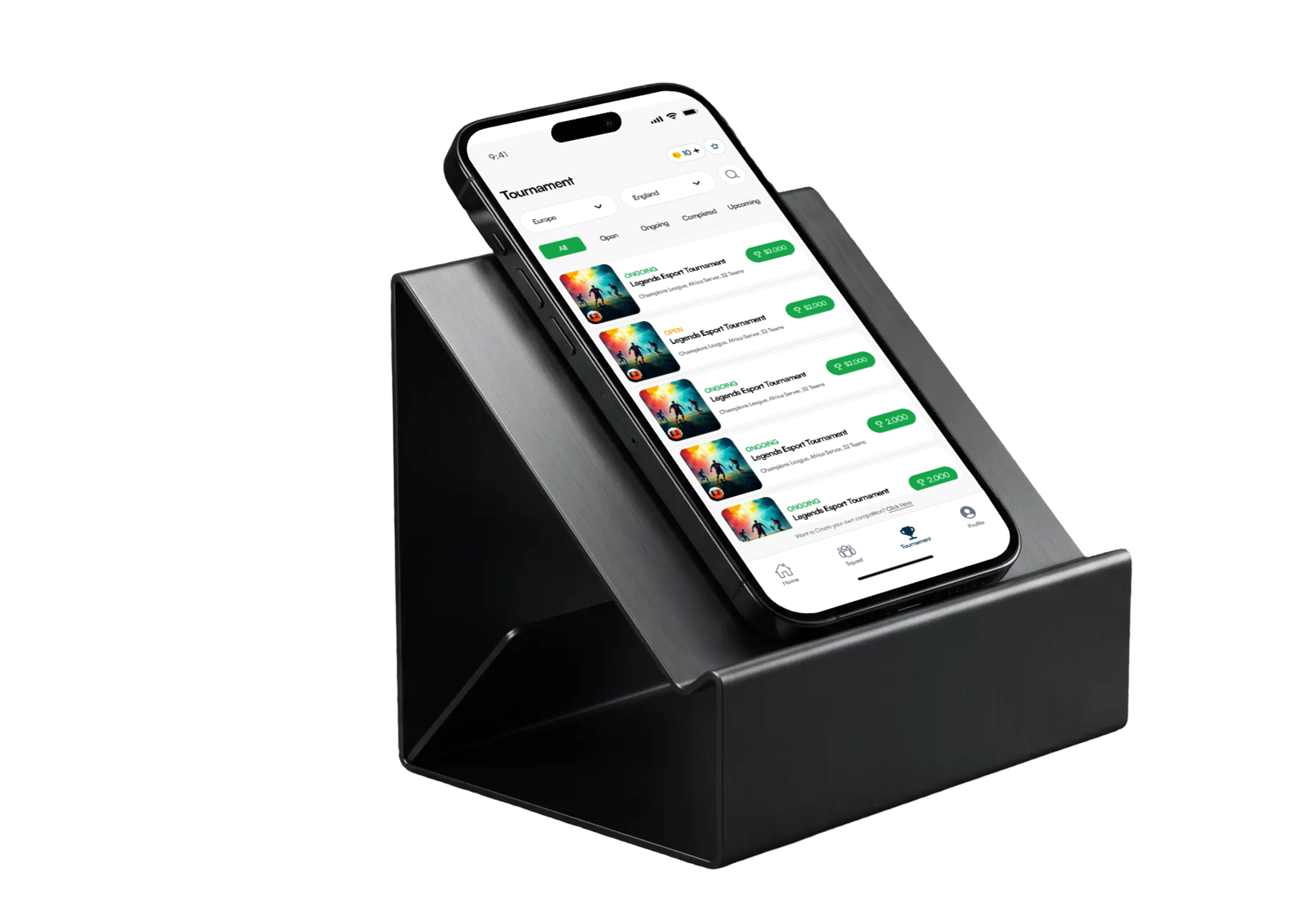 ProSquadz app on a desk stand